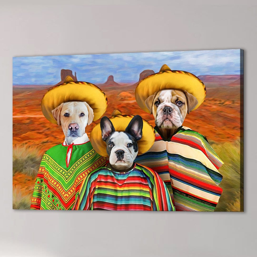 Custom multi-pet portrait canvas featuring three dogs in sombreros and colorful ponchos against a desert landscape.