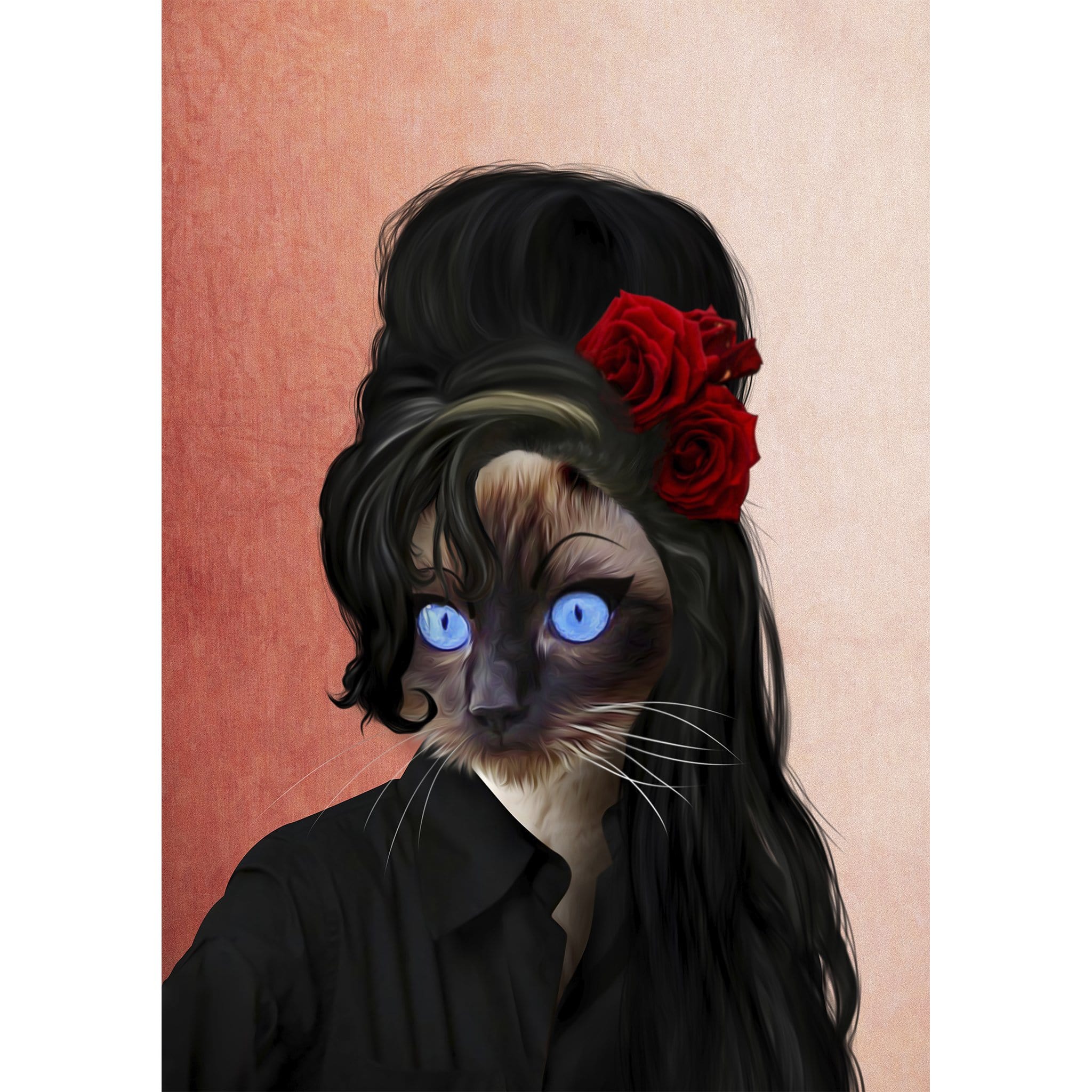 Personalized digital portrait of a Siamese cat with blue eyes, styled as Amy Winehouse with black hair and red roses.