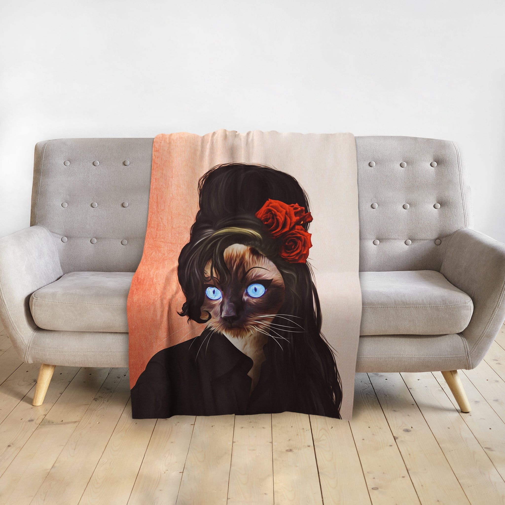 Personalized pet blanket with a Siamese cat portrait in Amy Winehouse style, featuring red roses.