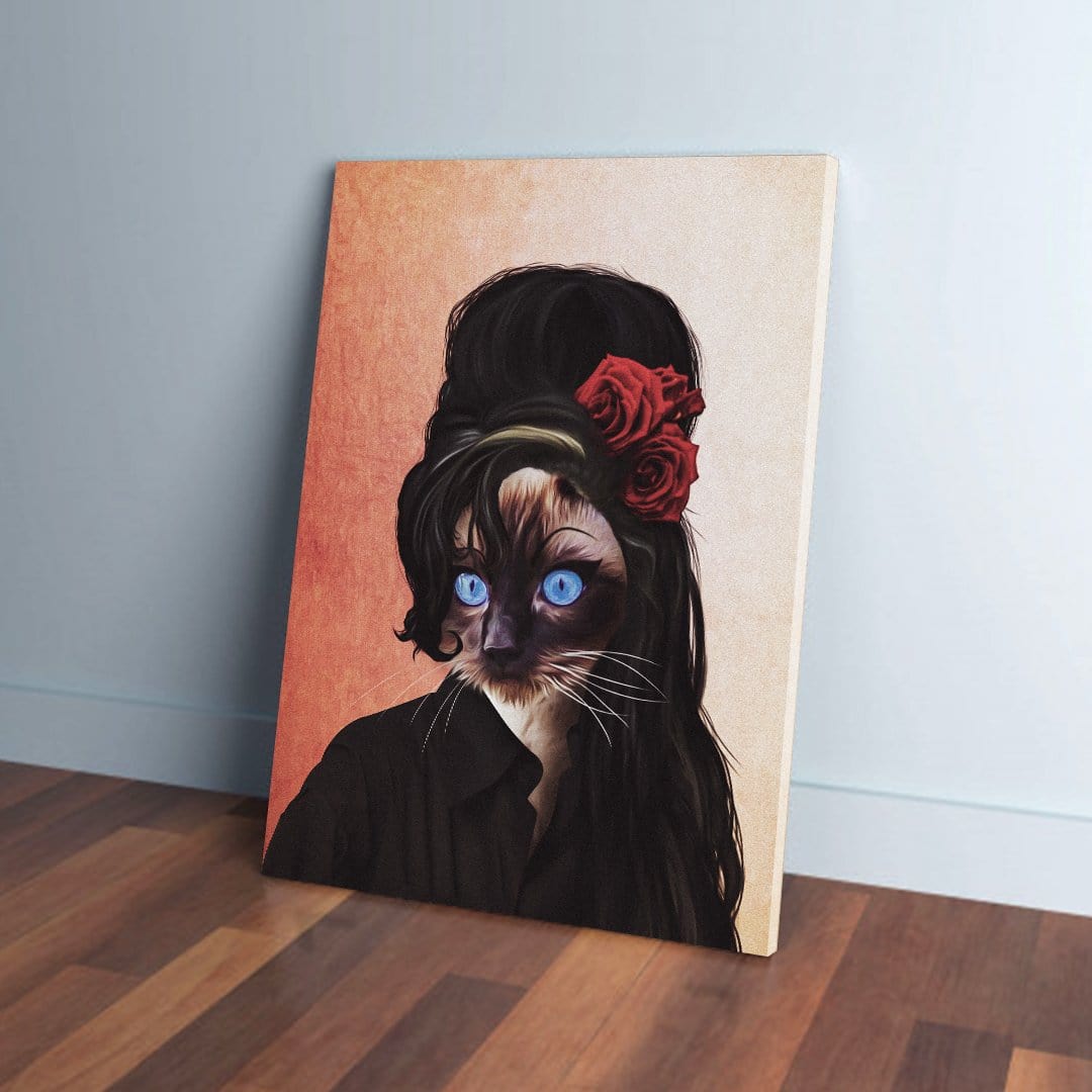 Personalized 'Amy Cathouse' pet canvas featuring a Siamese cat with blue eyes, black hair, and red roses.