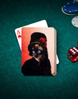 Personalized playing card featuring a Siamese cat in an Amy Winehouse-style portrait on a green felt table.