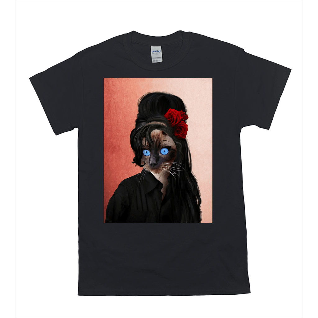 Black Gildan t-shirt with a personalized Siamese cat portrait featuring a beehive, red roses, and blue eyes.