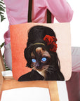 Personalized tote bag with a custom Amy Winehouse-style portrait of a Siamese cat with blue eyes and red roses.