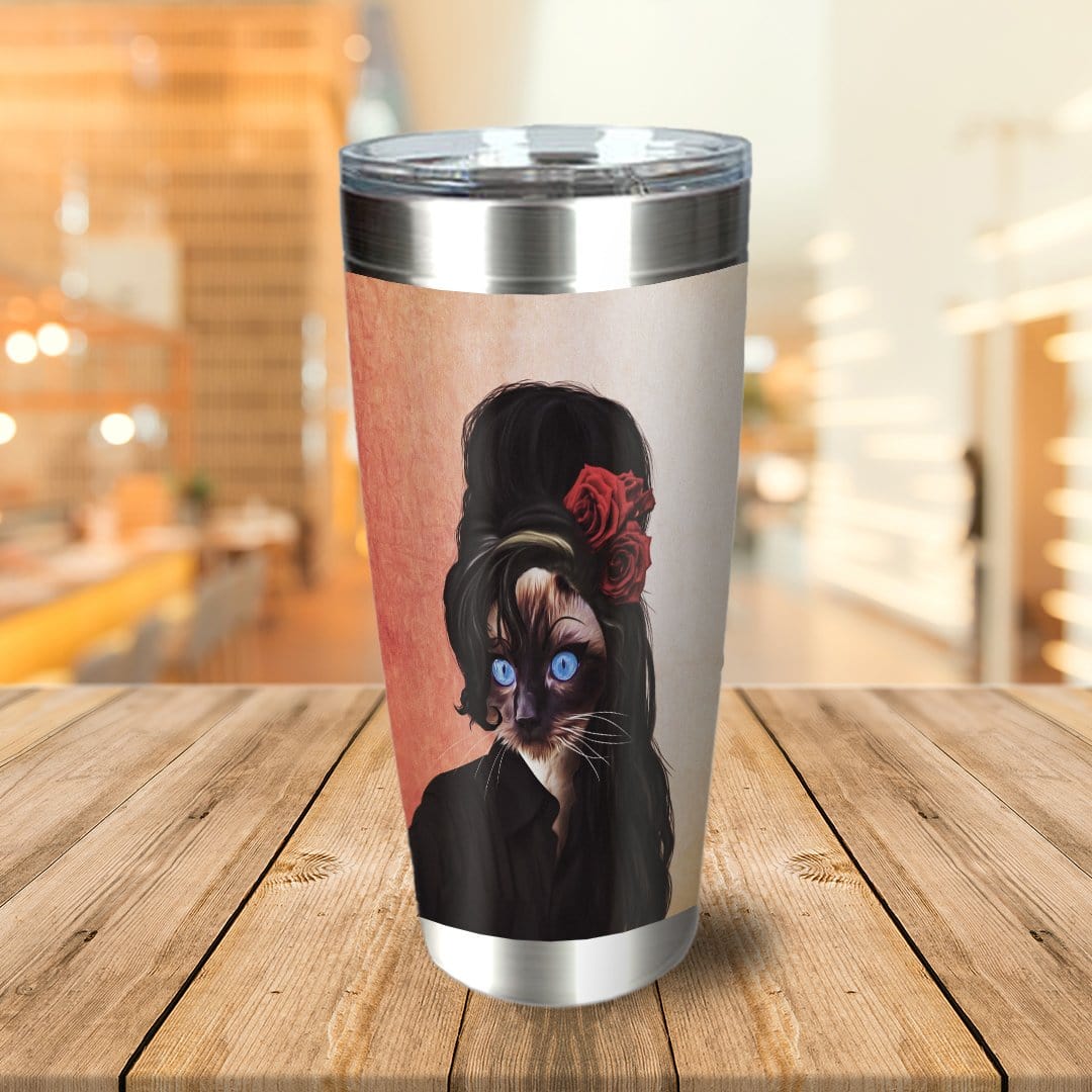 Personalized stainless steel tumbler with a custom Amy Winehouse-style cat portrait.