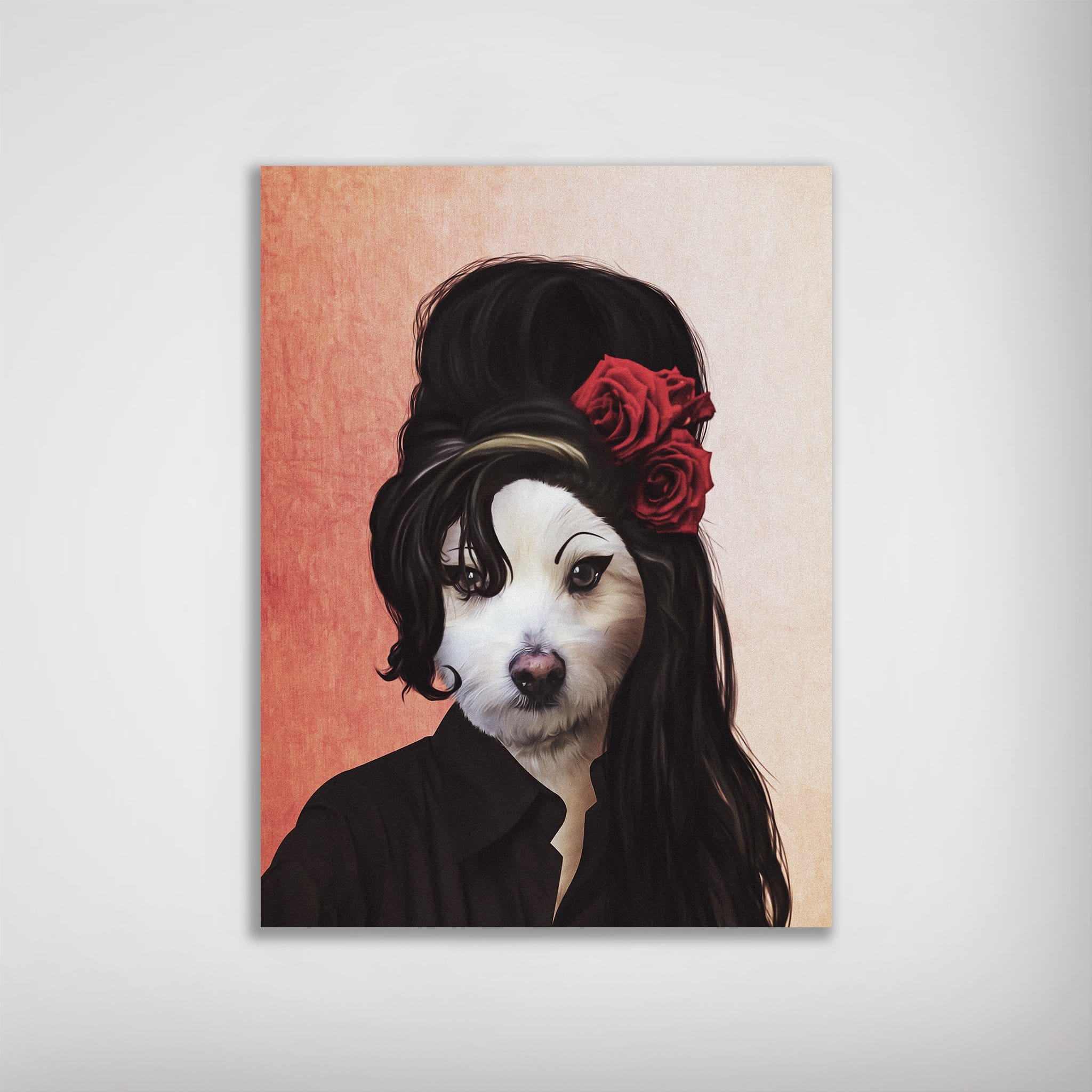 Personalized "Amy Doghouse" poster featuring a white dog's face on a figure with black hair, red roses, and a black shirt.