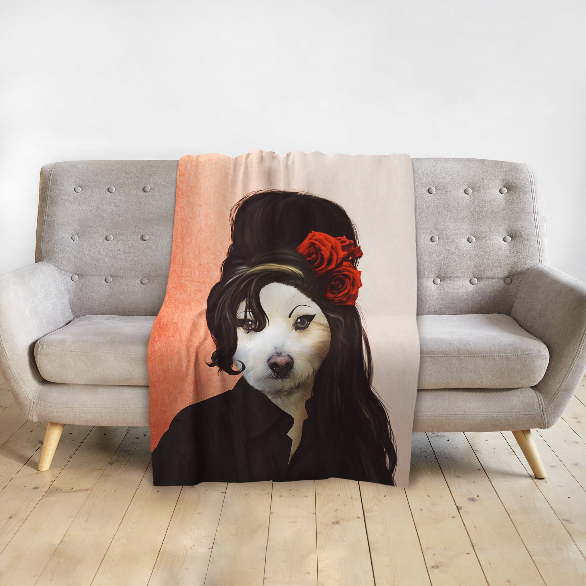 Custom pet portrait blanket featuring a white dog in a black beehive wig with red roses, Amy Doghouse style.