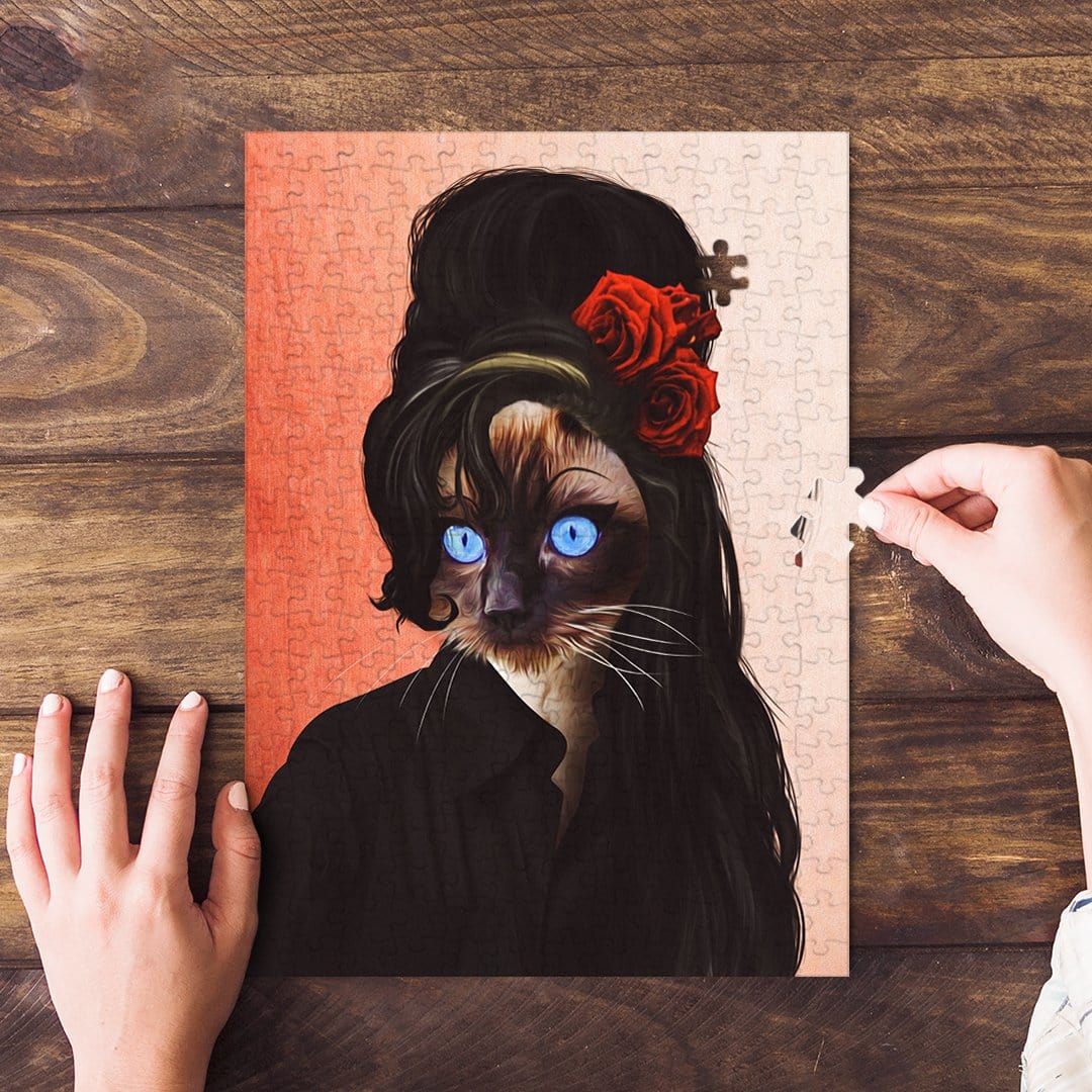 Personalized pet puzzle featuring a Siamese cat portrait in an Amy Winehouse style, with red roses.
