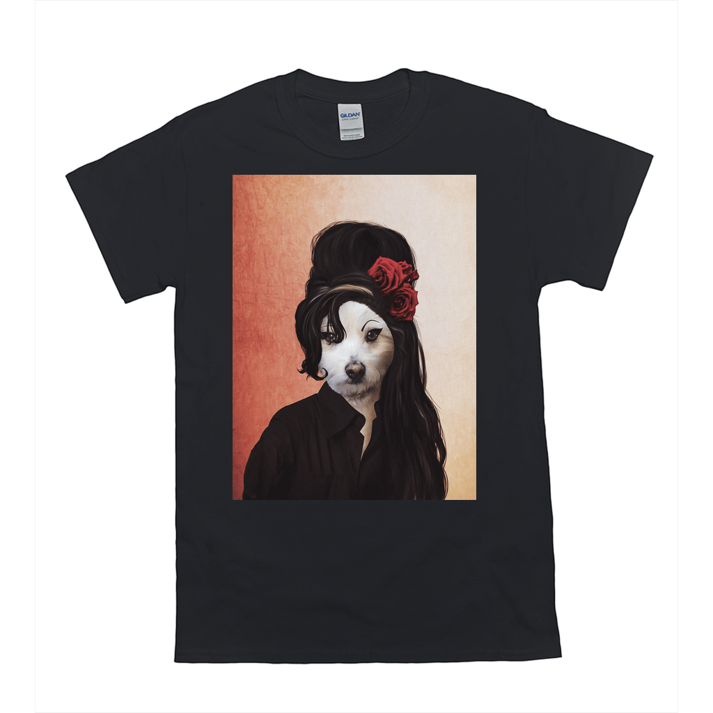 Black Gildan t-shirt with a personalized pet portrait of a white dog styled as Amy Winehouse.