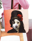 Personalized tote bag with a custom pet portrait of a white dog in a black beehive wig with red roses.