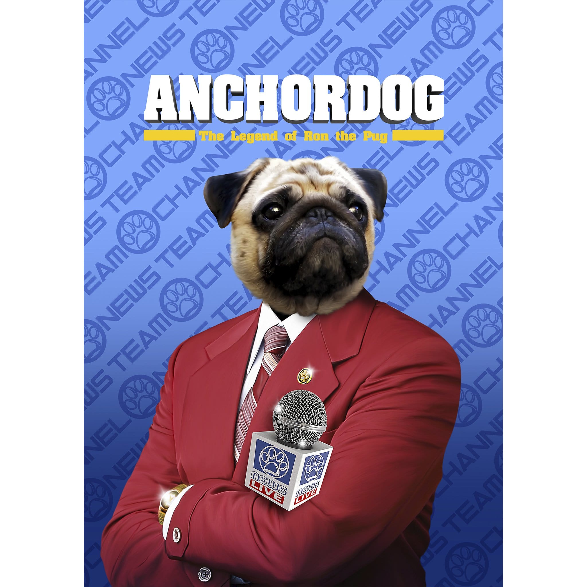 Custom Anchordog digital portrait featuring a pug in a red suit holding a microphone.