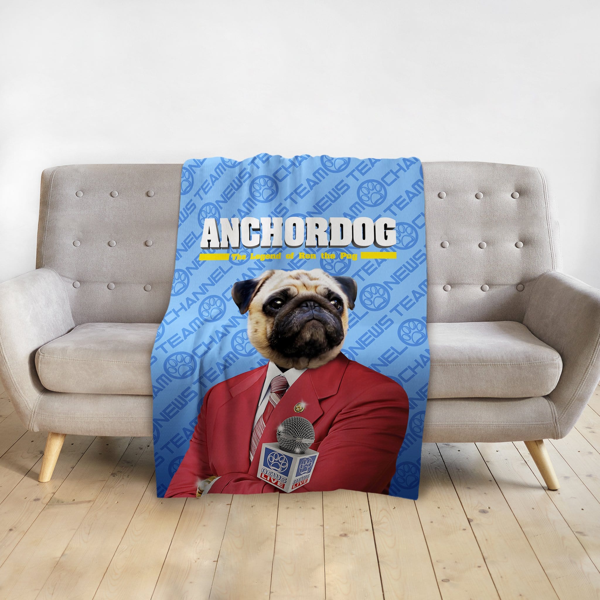 Personalized Anchordog pet blanket with a pug in a red suit holding a microphone.