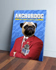 Personalized Anchordog canvas featuring a pug in a red suit with a microphone, leaning against a wall.