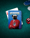 Personalized Anchordog playing card featuring a pug in a red suit with a microphone, on a green poker table.