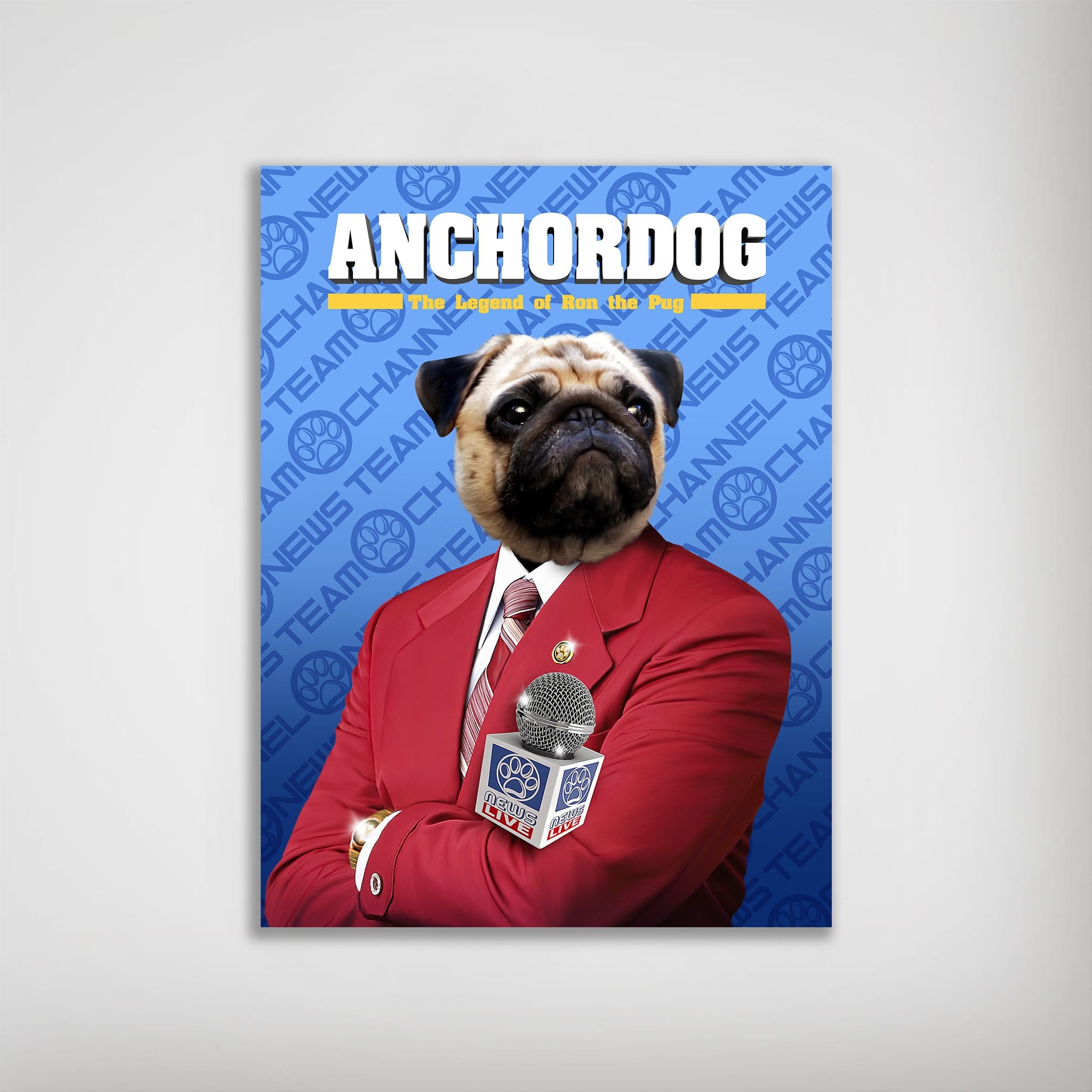 Personalized Anchordog poster featuring a pug in a red suit holding a microphone, on a blue news background.