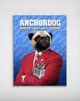 Personalized Anchordog poster featuring a pug in a red suit holding a microphone, on a blue news background.