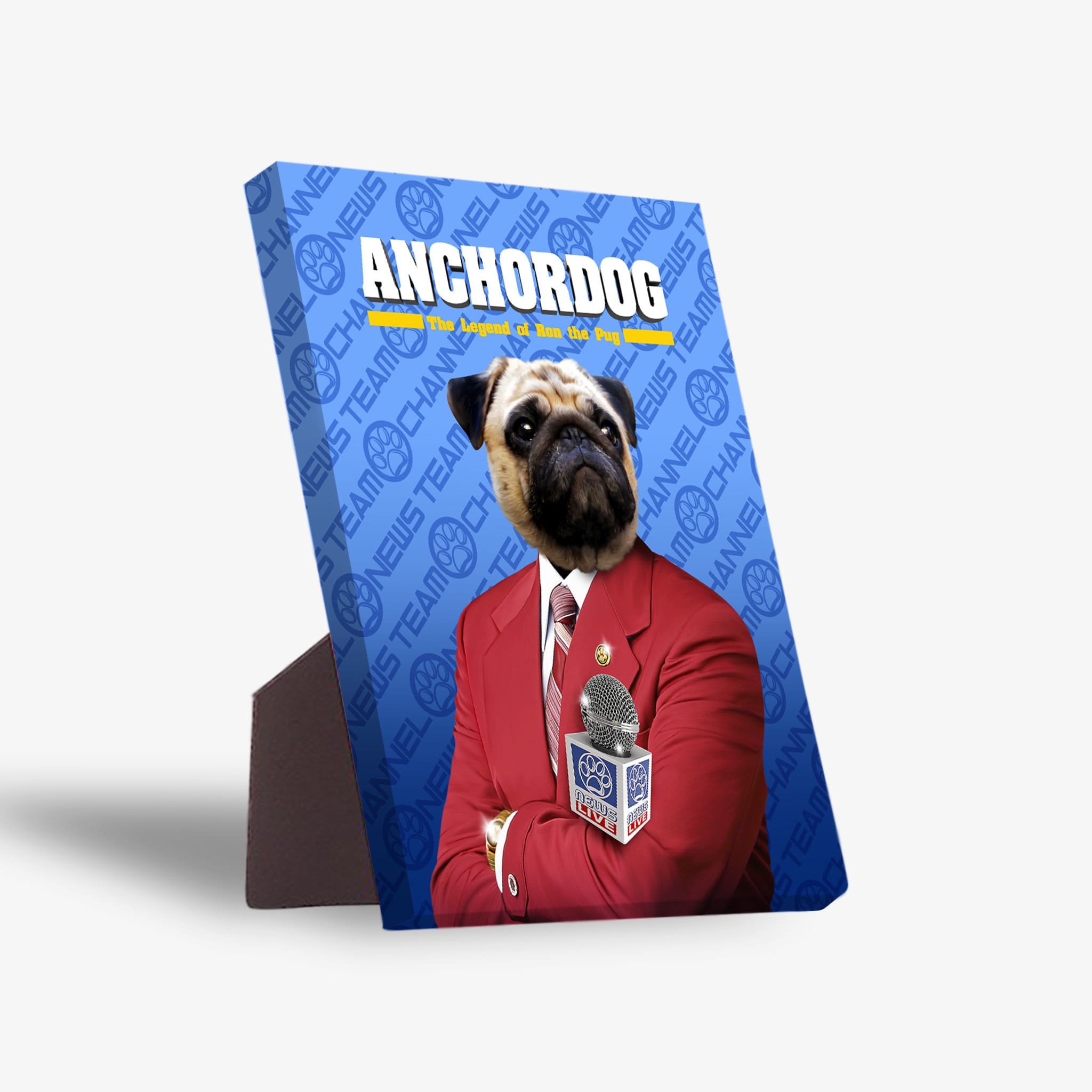 Personalized Anchordog standing canvas featuring a pug in a red suit with a microphone, against a blue news background.