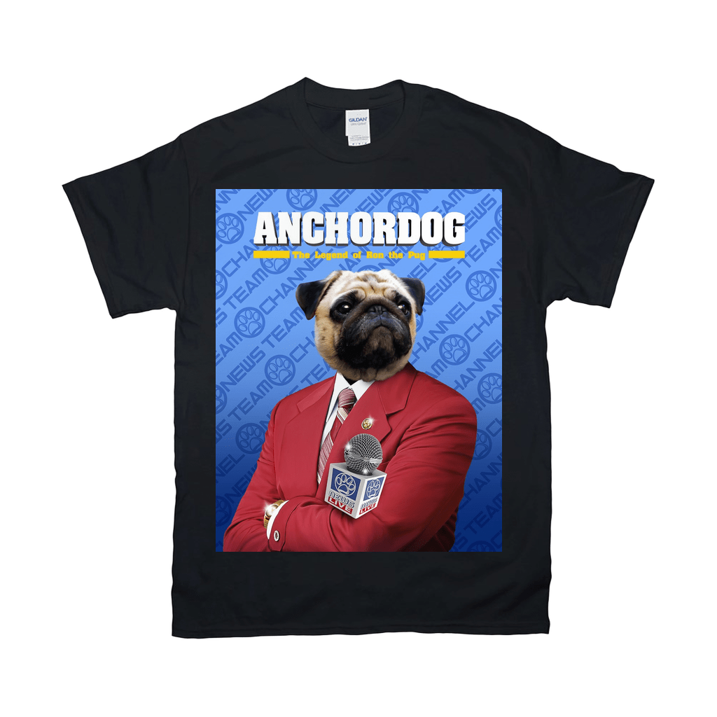 Black Gildan t-shirt with a personalized "Anchordog" design featuring a pug in a red suit holding a microphone.