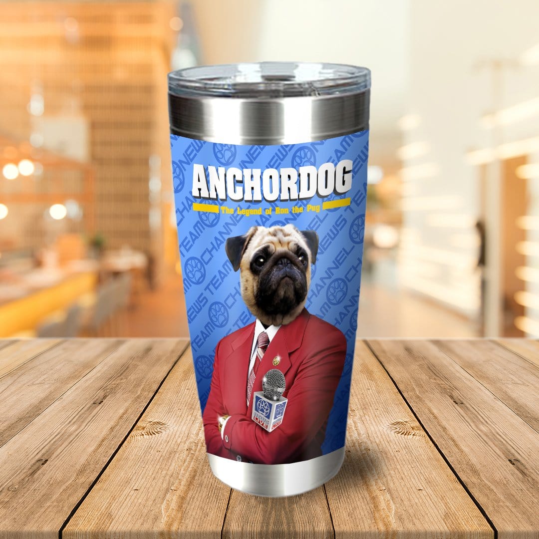 Personalized stainless steel tumbler with a custom pug pet portrait as an Anchordog news anchor.