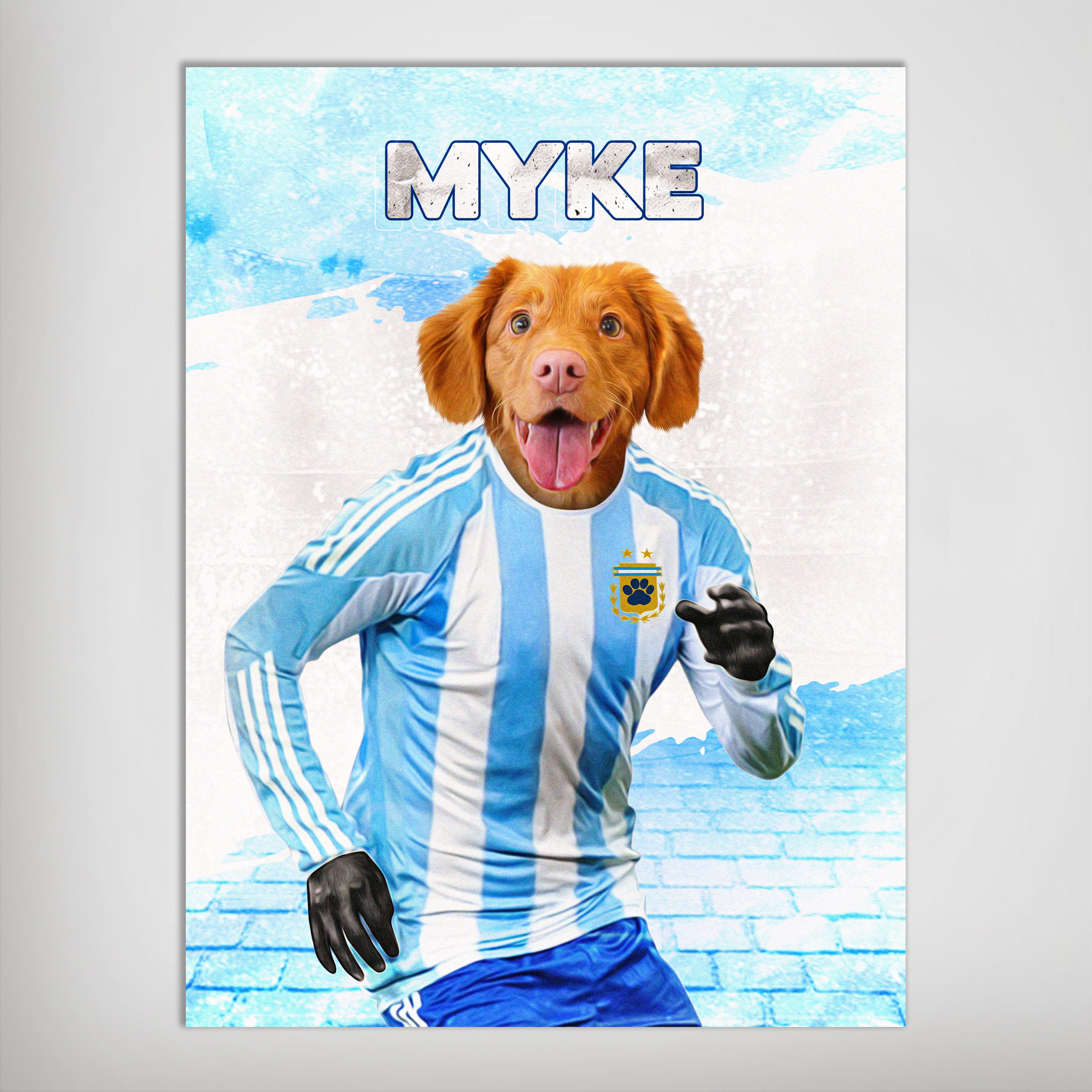 Personalized Argentina Doggos soccer poster featuring a Nova Scotia Duck Tolling Retriever in a blue and white striped jersey.
