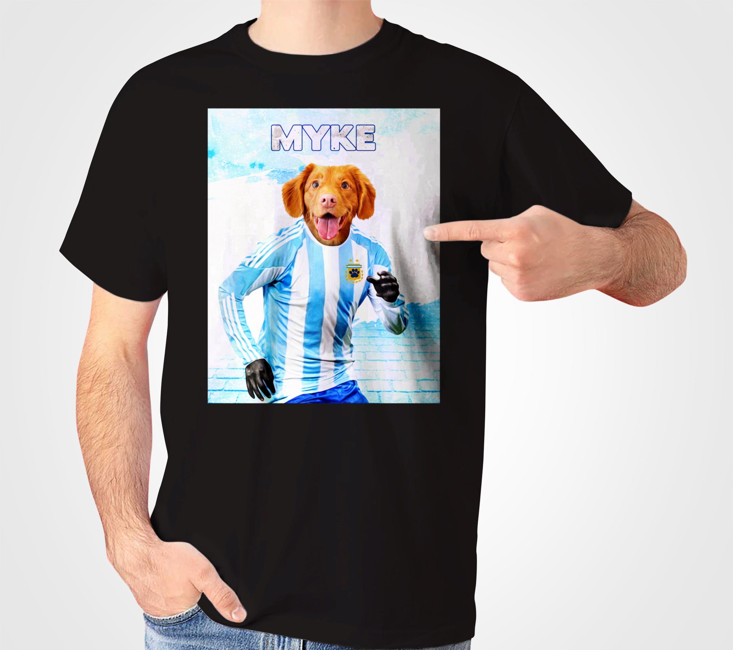 Black Gildan t-shirt with a personalized design featuring a dog named Myke in an Argentina soccer jersey.