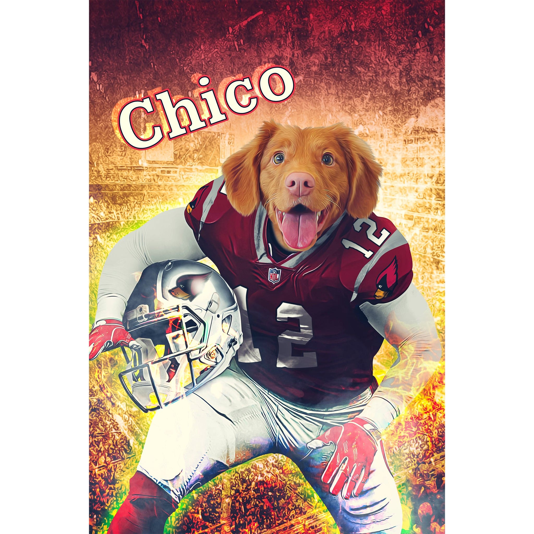 Custom cartoon dog portrait in a red football uniform with "Chico" above.