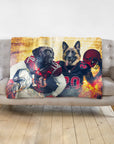 Custom personalized blanket with two dogs as football players, a black Mastiff and a German Shepherd.