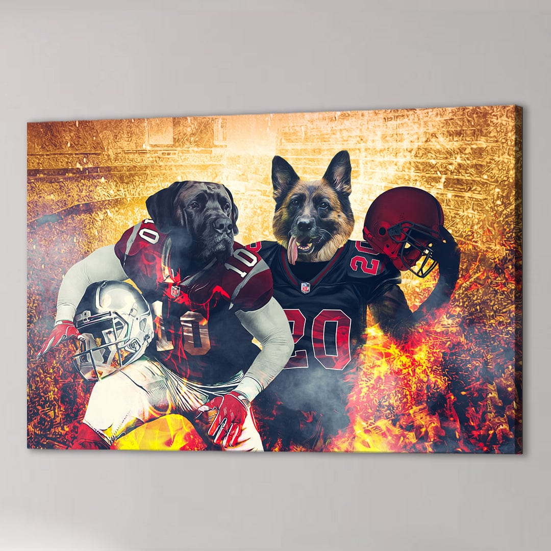 Two dogs in football uniforms on a personalized canvas with a fiery stadium background.