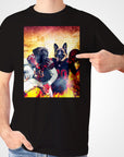Black Gildan t-shirt with a custom graphic of two dogs in football uniforms, surrounded by flames.
