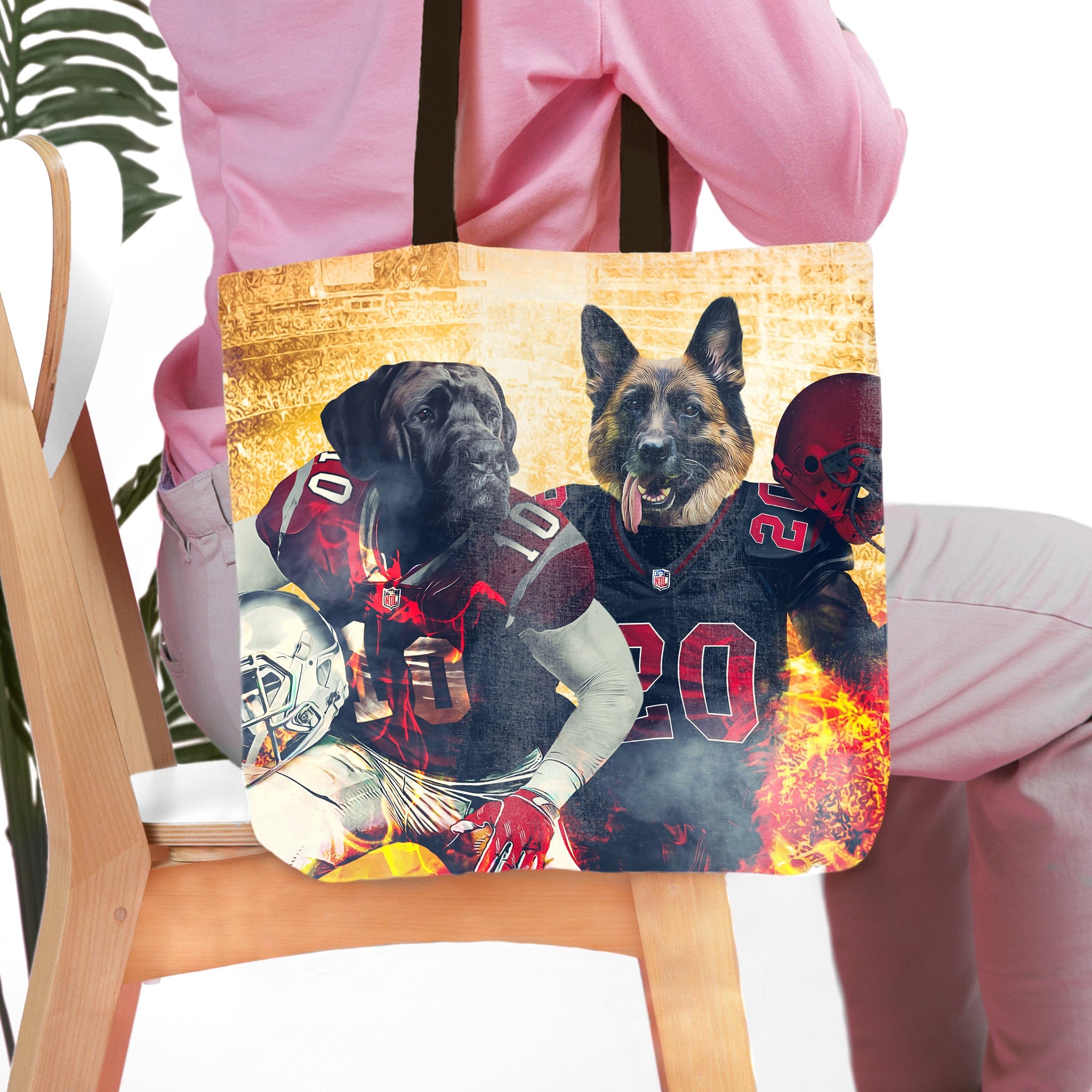 Personalized 'Arizona Doggos' tote bag with two custom pet portraits of dogs in football uniforms.