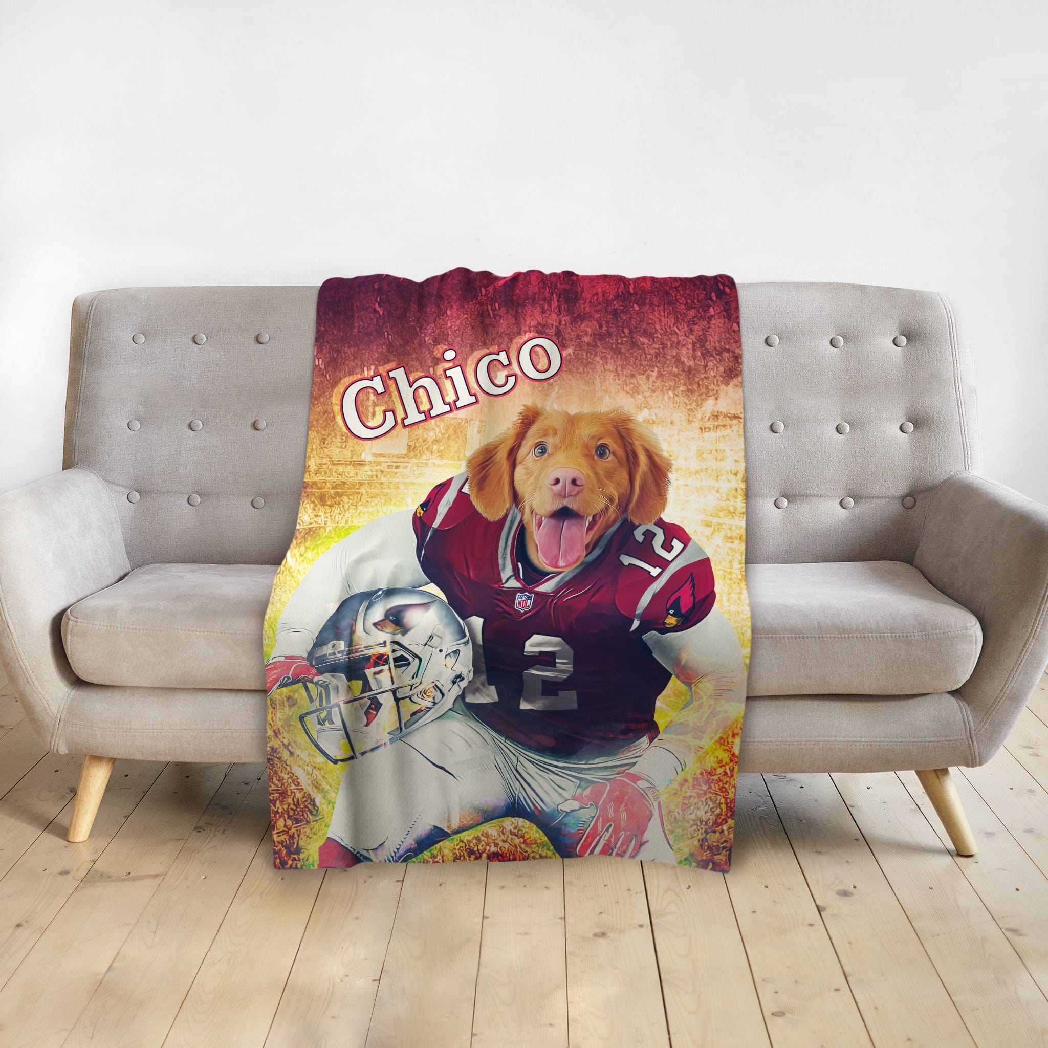 Personalized pet blanket with a Doggovinci portrait of a dog in a football uniform.