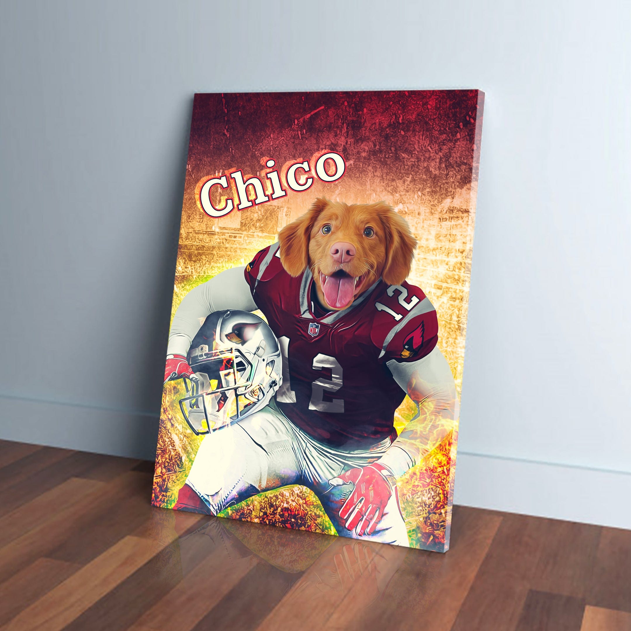 Personalized pet canvas featuring a dog in a red football uniform, holding a helmet, with "Chico" above.