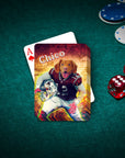Personalized playing card featuring a dog in a football uniform, named "Chico," on a green felt table with poker chips and dice.