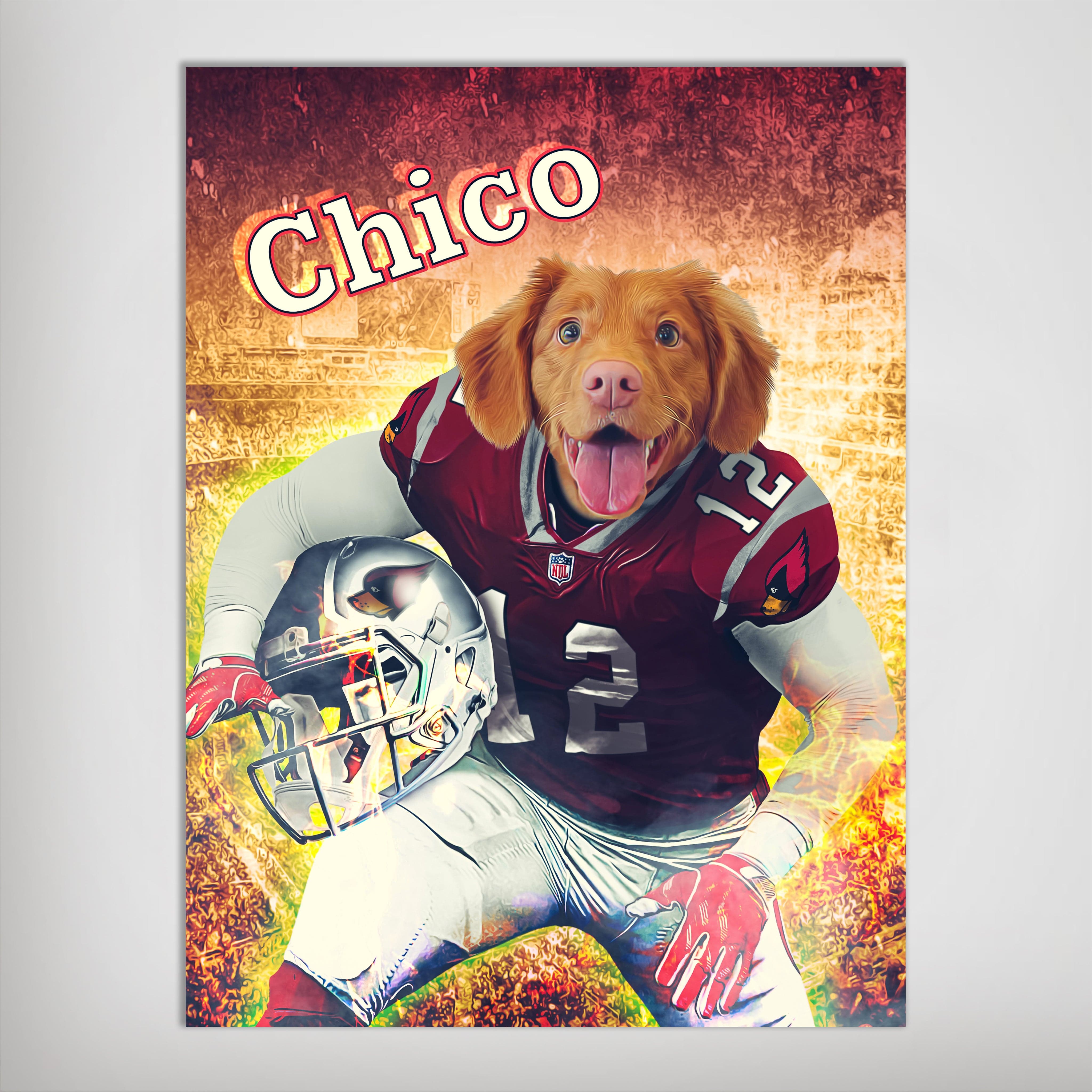 Personalized 'Arizona Doggos' matte poster featuring a dog in a red football uniform, holding a helmet, with "Chico" text.