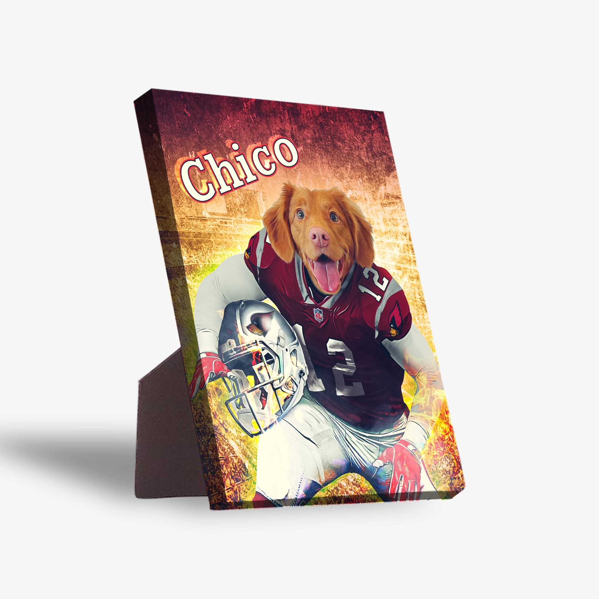 Personalized pet standing canvas featuring "Chico" as a football player in a red and white uniform.