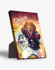 Personalized pet standing canvas featuring "Chico" as a football player in a red and white uniform.