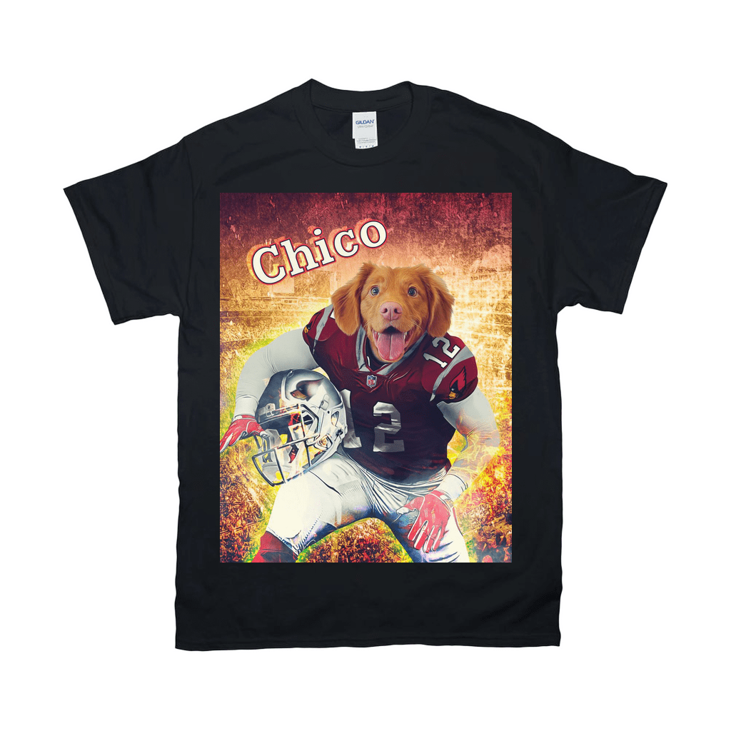 Black Gildan t-shirt featuring a personalized graphic of a dog named Chico in a football uniform.