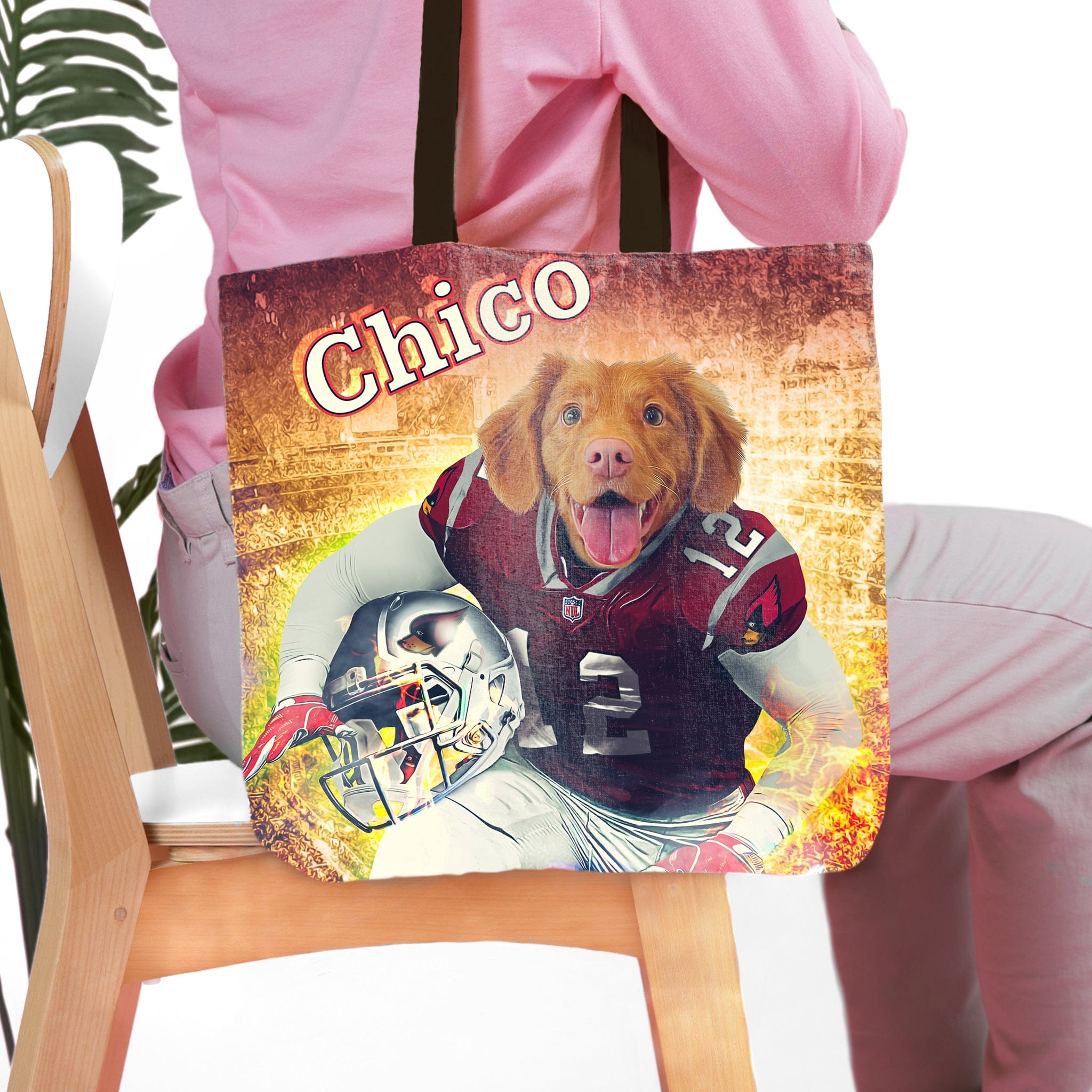 Personalized tote bag with a custom pet portrait of a dog in a football uniform.