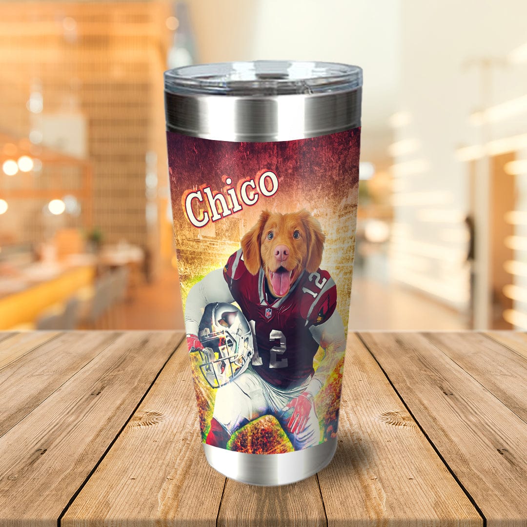 Personalized stainless steel tumbler with a custom dog portrait in a football uniform, named "Chico.