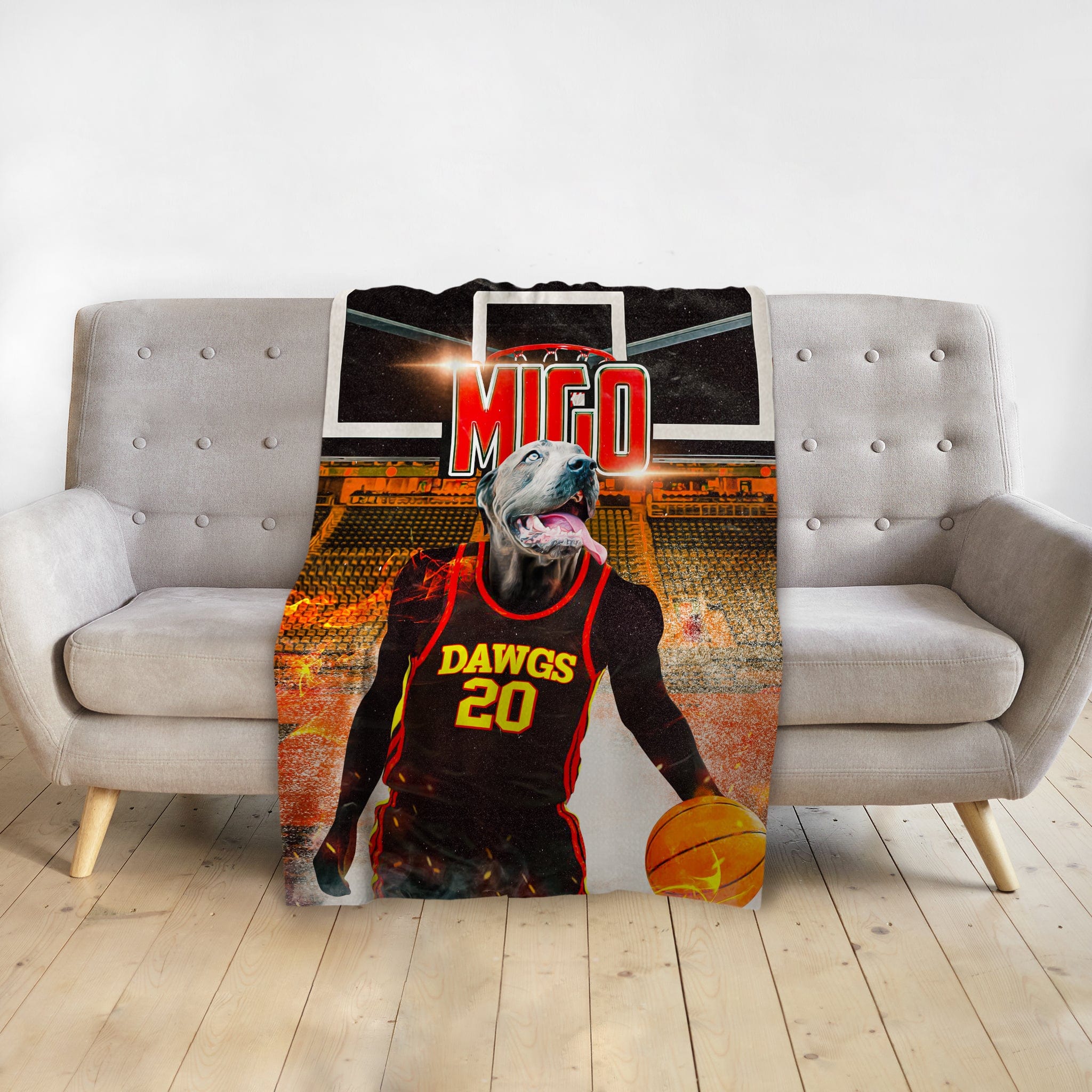 Personalized pet blanket featuring a dog's head on a basketball player's body in a stadium.