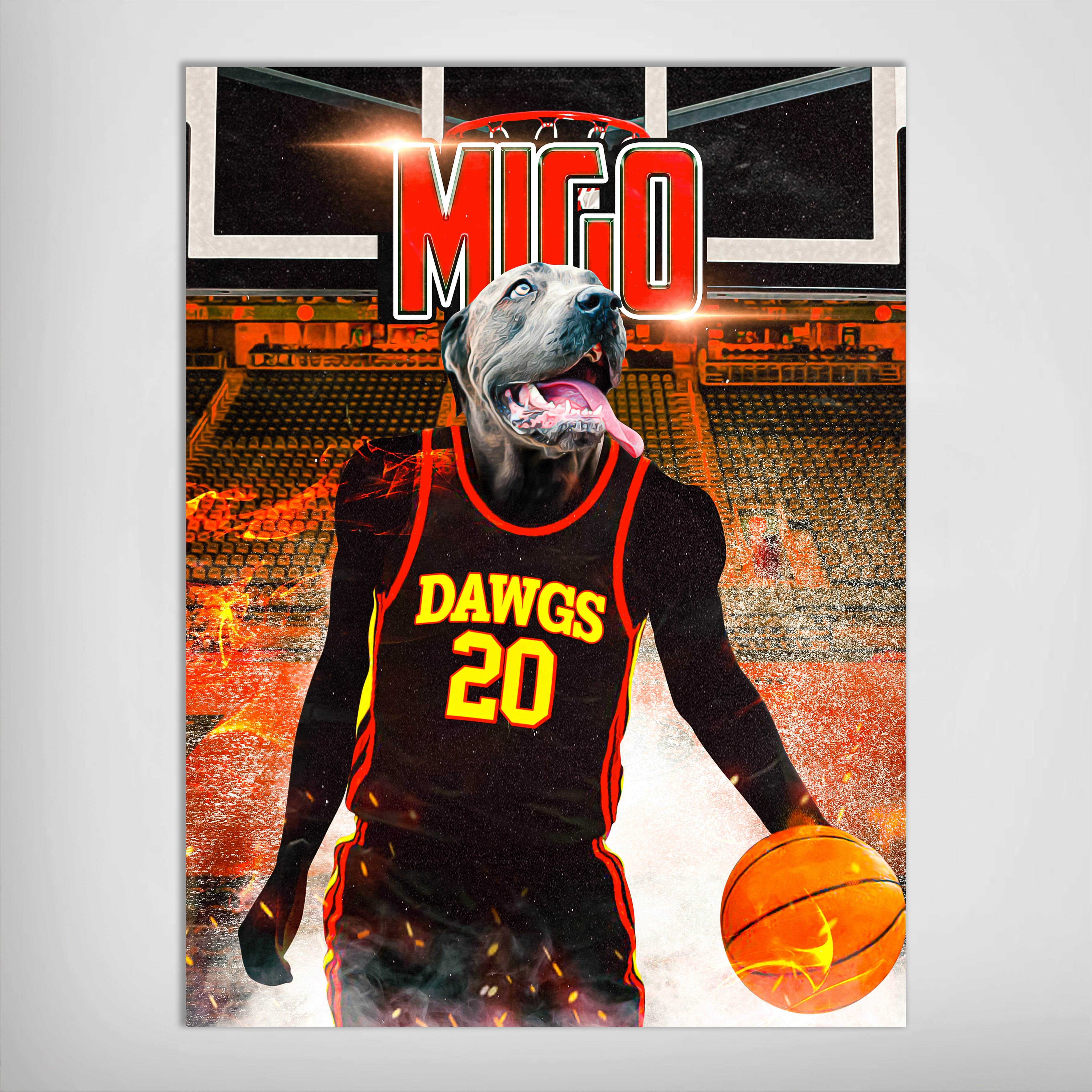 Personalized 'Atlanta Dawgs' pet poster featuring a dog in a black and red basketball jersey, dribbling an orange flaming ball.