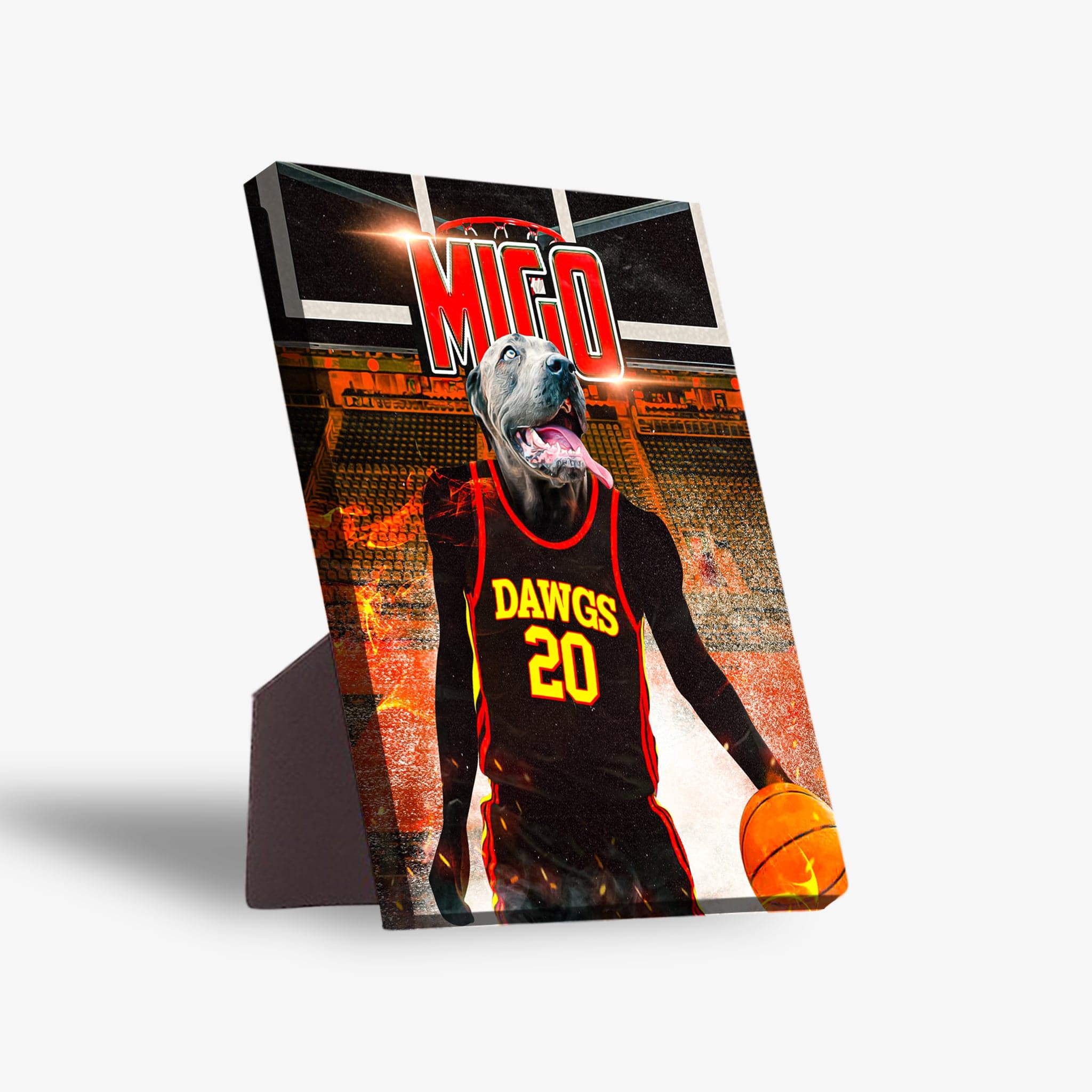 Personalized pet standing canvas featuring a gray dog in a black "DAWGS 20" basketball jersey, holding a ball, against a fiery court background.