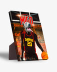 Personalized pet standing canvas featuring a gray dog in a black "DAWGS 20" basketball jersey, holding a ball, against a fiery court background.