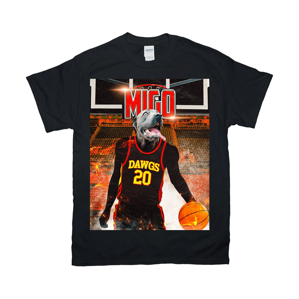 Black Gildan t-shirt with a personalized graphic of a dog in a "DAWGS 20" basketball jersey.