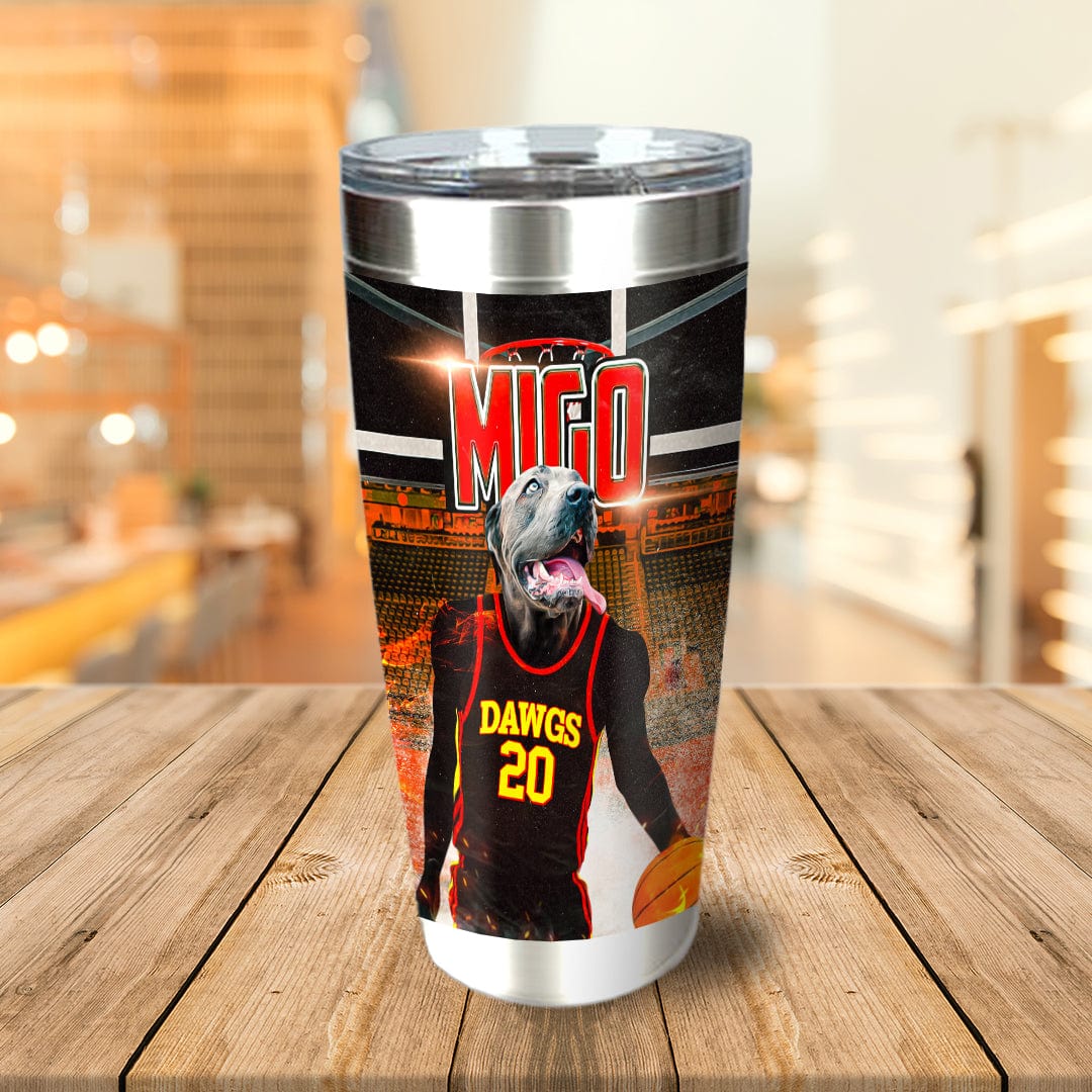 Personalized stainless steel tumbler with a dog in a basketball uniform, "DAWGS 20" on a court background.