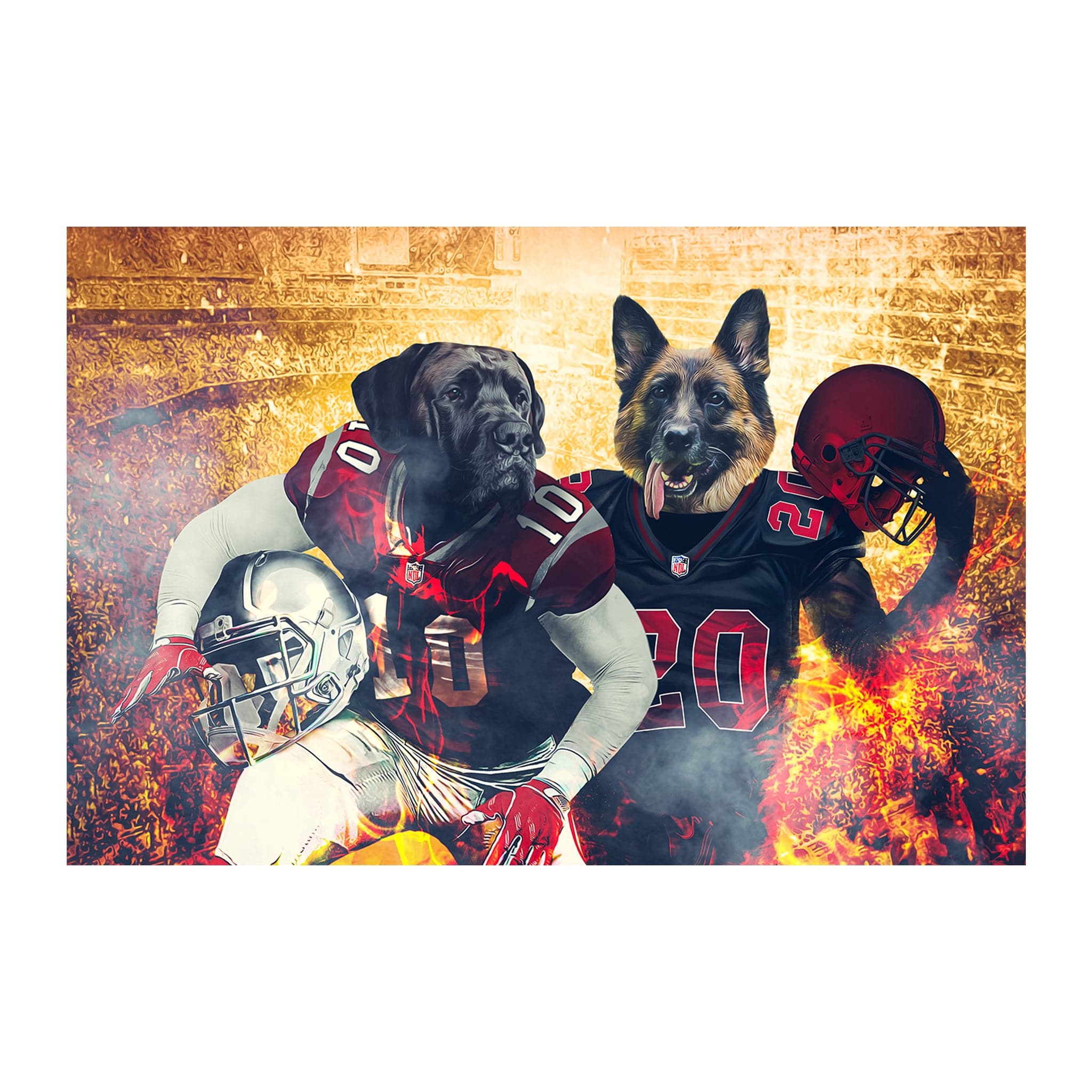 Custom digital portrait of two dogs in Atlanta Falcons football uniforms.