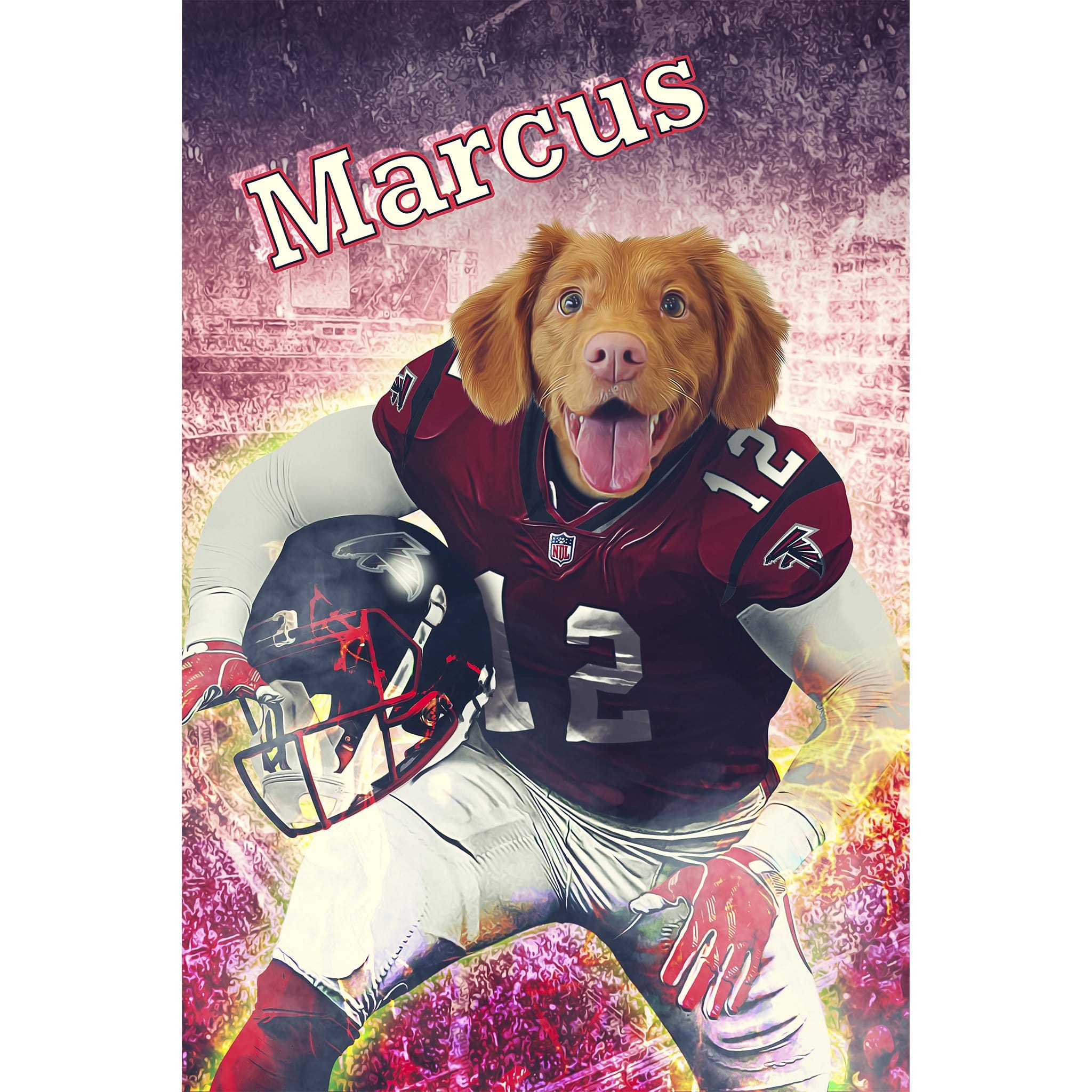 Personalized digital portrait of a dog in an Atlanta Falcons football uniform with "Marcus" above.