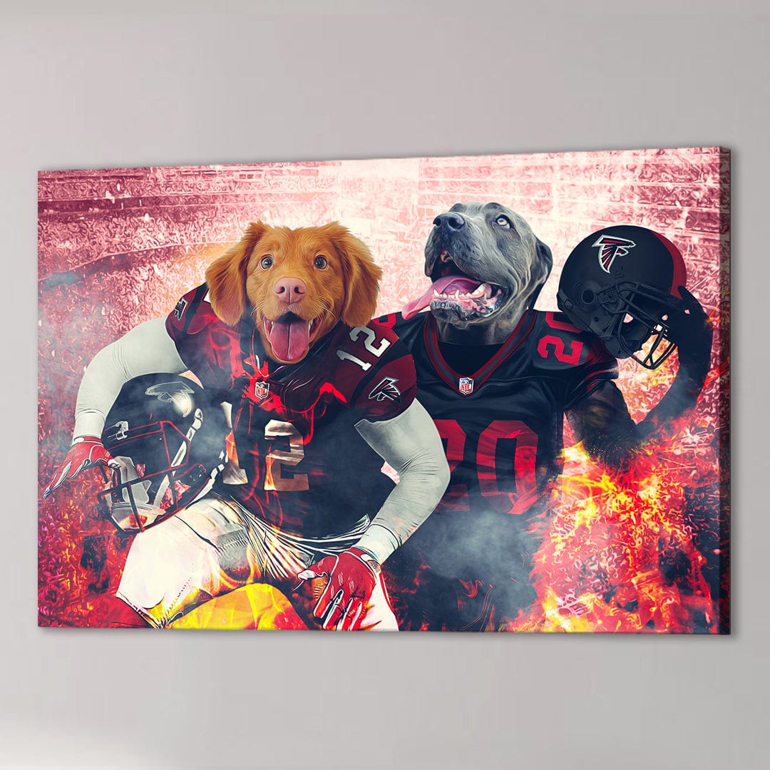Personalized canvas of two dogs in Atlanta Falcons football uniforms with a fiery background.