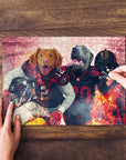 Personalized 2 pet puzzle featuring dogs in Atlanta Falcons football uniforms, with hands assembling pieces.