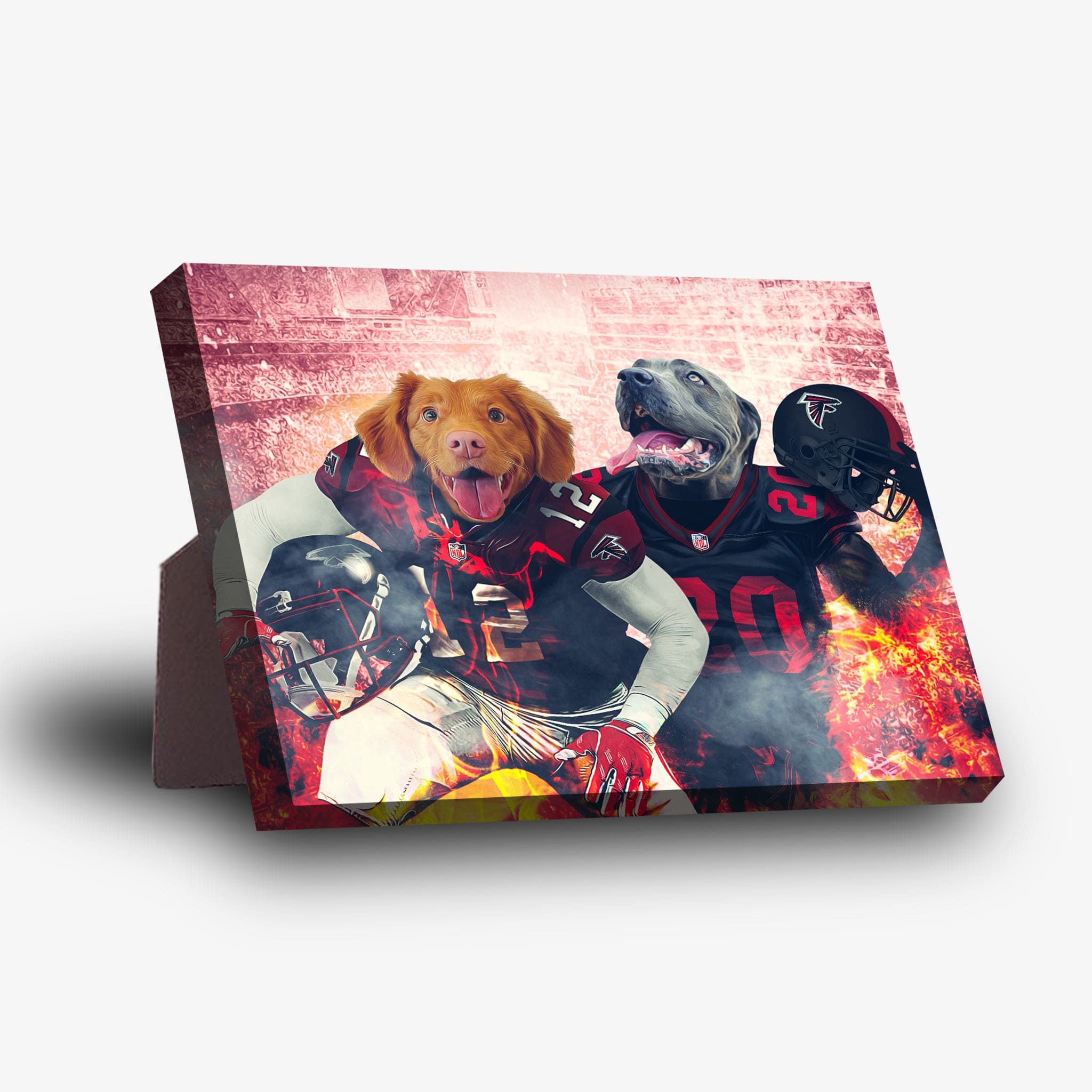 Personalized standing canvas featuring two dogs in Atlanta Falcons football uniforms with a fiery background.