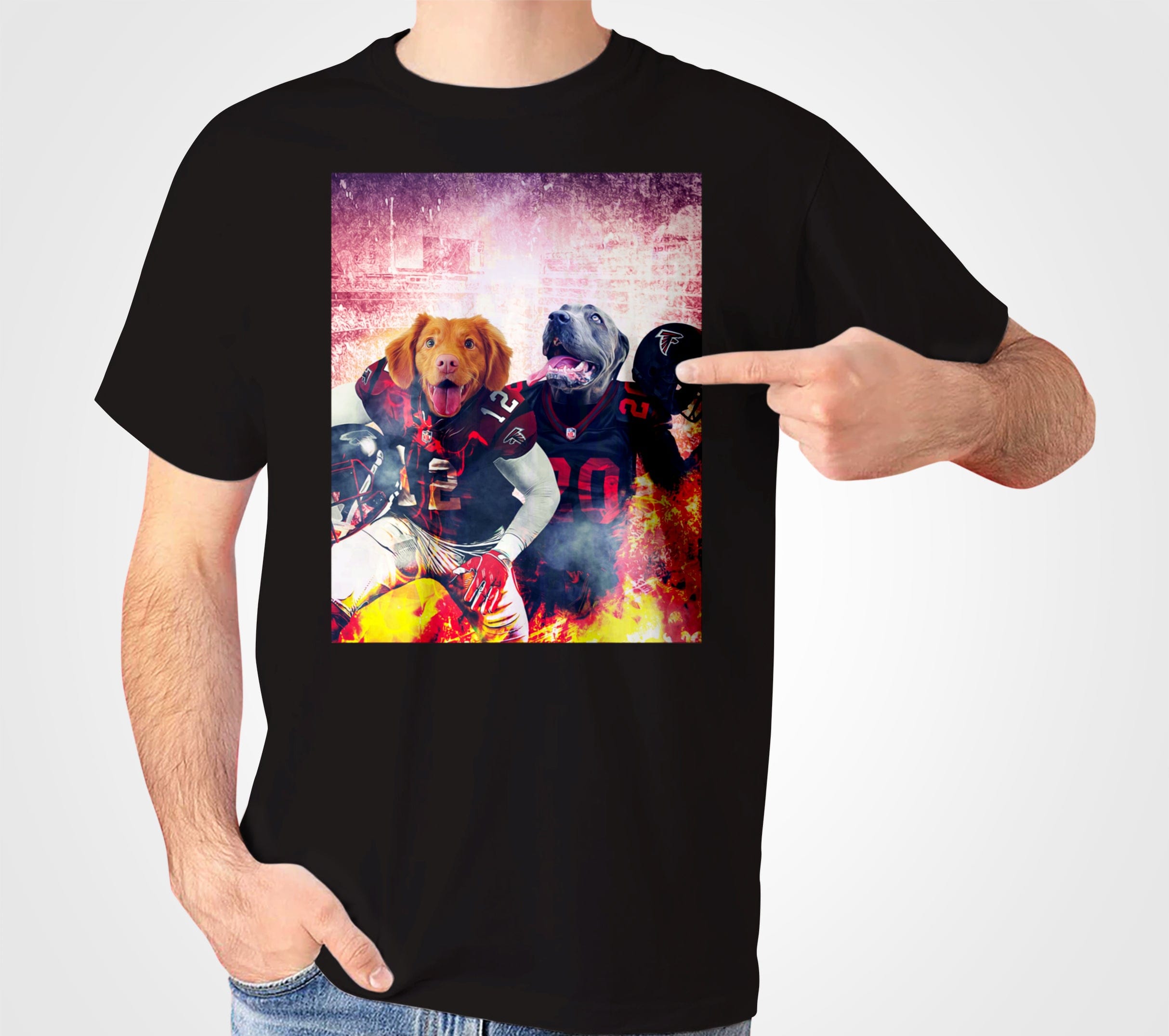 Black Gildan t-shirt with two personalized dogs in football uniforms, one golden, one grey, on a fiery background.